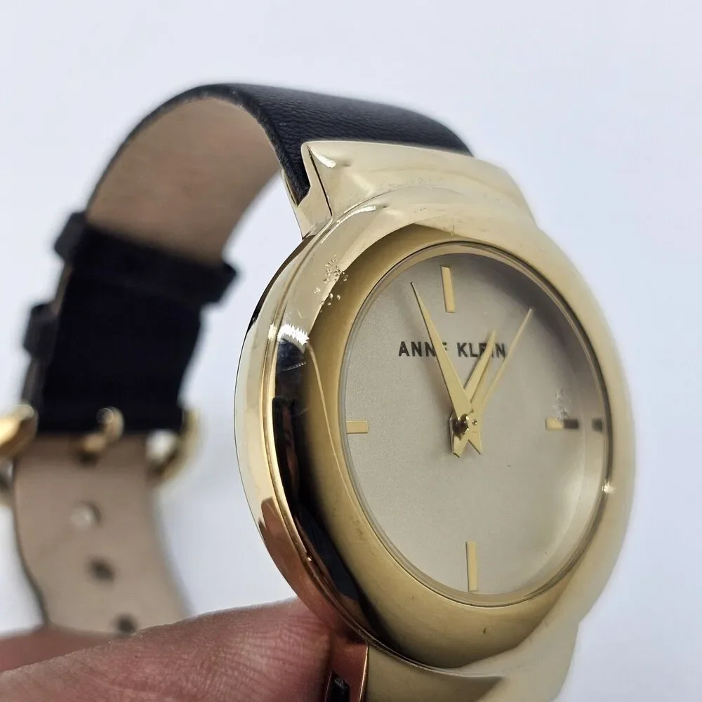 Anne Klein Women's Watch 36MM Gold Dial Black Leather Band‎ Straps New Battery